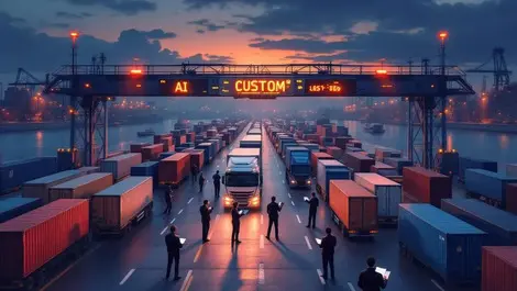 European port customs trucks containers at dusk ai controlled gate