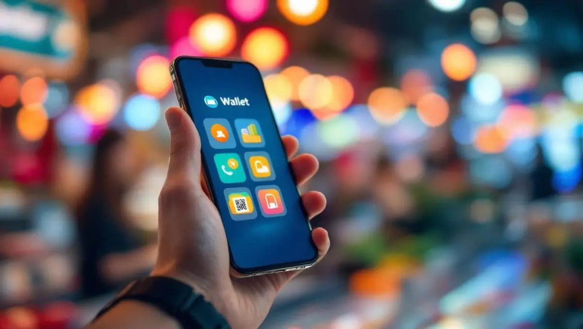 Asian hand holding phone qr scan digital wallet apac city lights