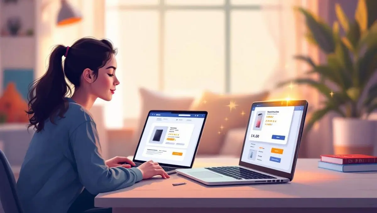 Online shopper comparing laptop phone deals golden value glow