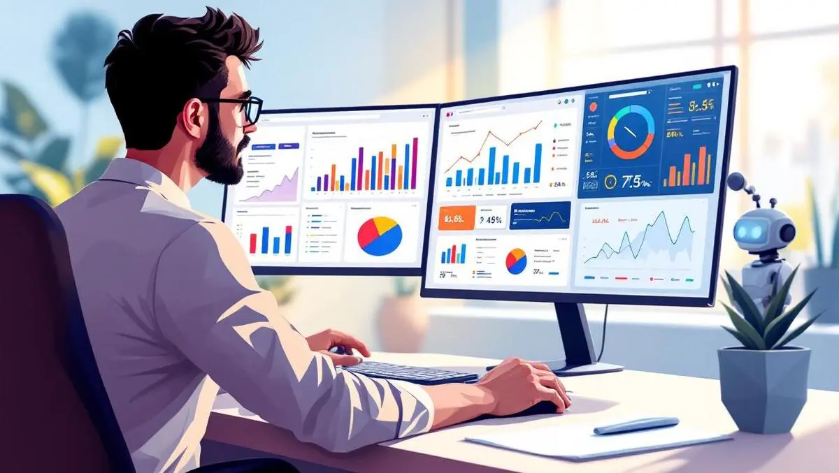 Marketing analyst ai robot assistant analyzing digital ad dashboards