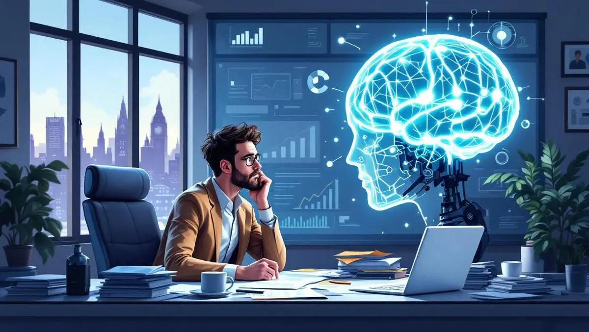 Worried uk shop owner desk ai brain machine overcast london skyline