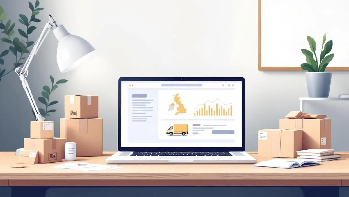 Modern laptop online marketplace parcels uk delivery flat vector