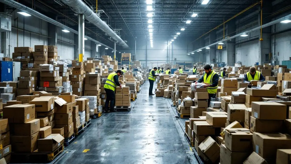 Uk warehouse returns december busy conveyor boxes workers crowded