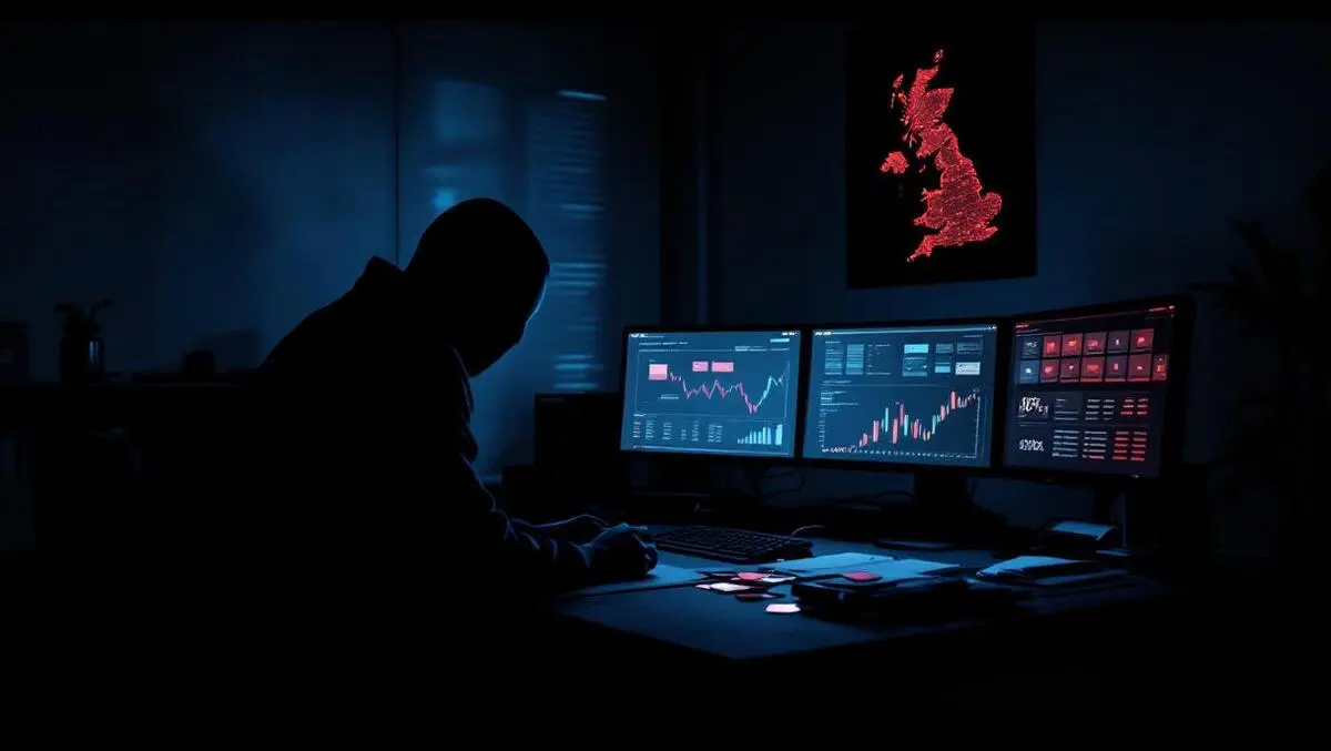 Shadowy hacker desk uk credit card fraud crime thriller scene
