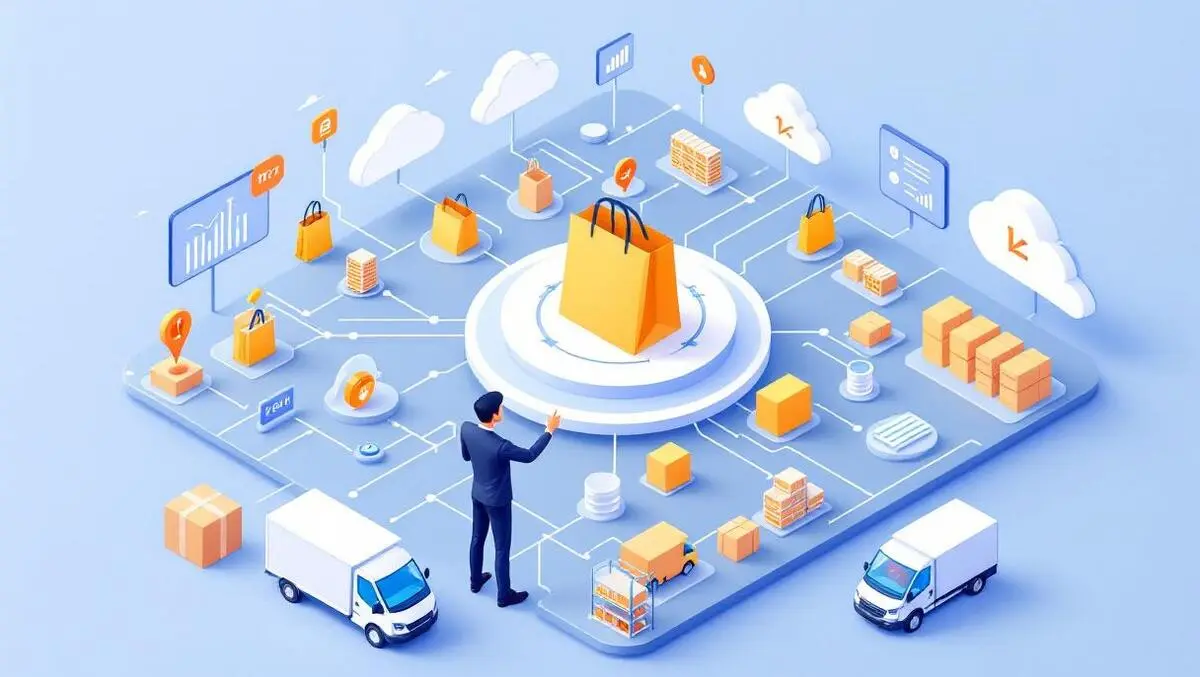 Isometric modern retail control room dashboard data flow