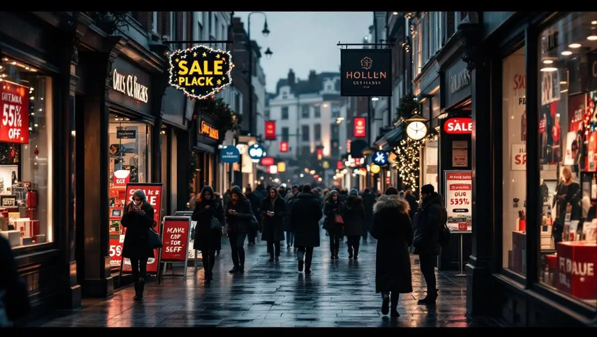 Moody overcast uk high street xmas sales sparse shoppers scene