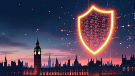 Uk cyber defence glowing digital shield over parliament dusk
