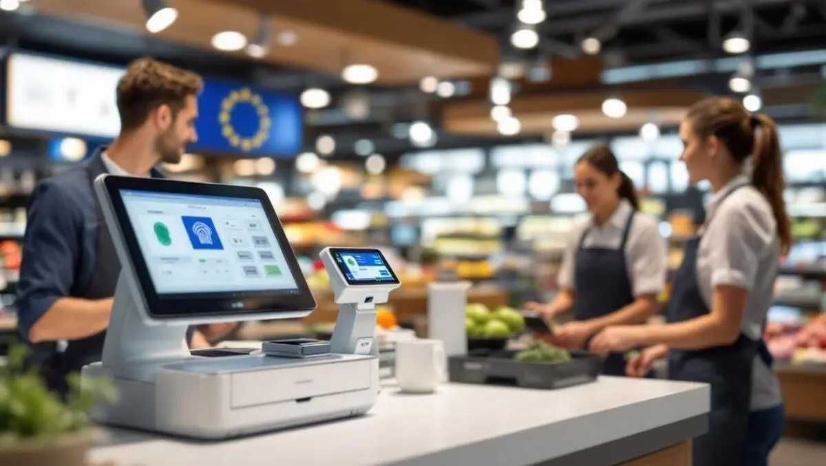 European supermarket checkout pos with biometric scanner eu flag
