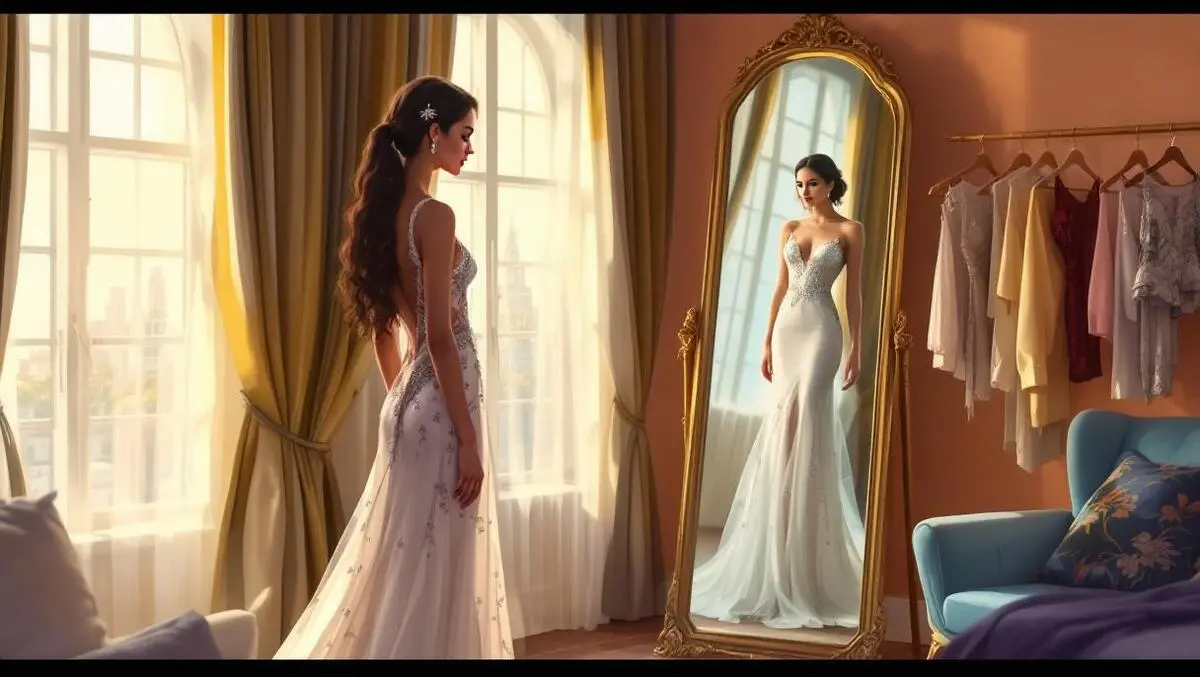 Young woman london bedroom mirror reflection in different gown