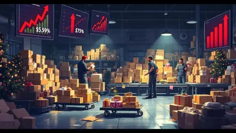 Holiday warehouse returns piles gifts workers scanners rising costs