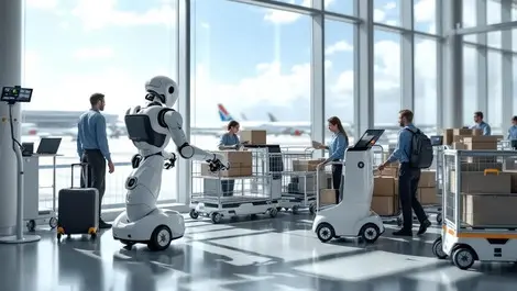Modern airport terminal service robots helping staff with luggage carts