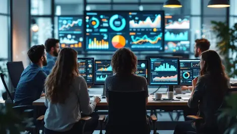 Finance team collaboration ai dashboards modern office scene