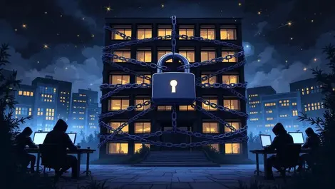 Moody office building chained padlock ransomware gangs night scene