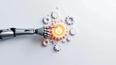 Robotic arm pressing glowing power button on europe gear map