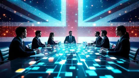 Uk boardroom network table glowing data cubes union jack governance