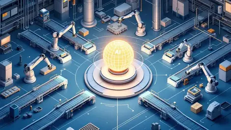 Isometric factory floor robotic arms conveyors ai core sphere network