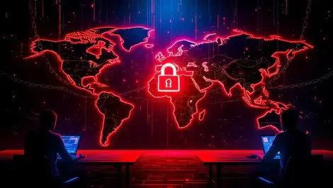 Glowing red world map ransomware ai cyber attack broken padlock