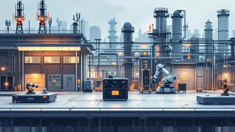 Modern 5g powered factory floor with autonomous robots sensors