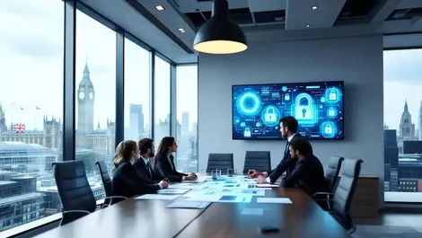 Modern london office meeting data security screens union jack