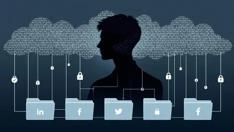 Digital afterlife silhouette binary clouds locked folders network