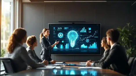 Woman tech exec presenting ai data in modern us boardroom meeting