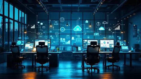 Modern european office empty desks glowing dashboards talent gap