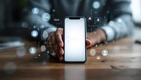 Smartphone banking login fraud detection shadowy hand warning