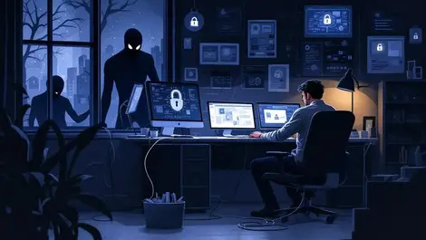 Worried uk shop owner night office cyber threats lock icons