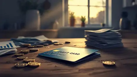 Uk credit card on kitchen table bills coins debt stress scene